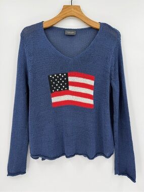 Wooden Ships Flag Shirt Tail V- Neck Cotton Sweater Color Blue Size S/M